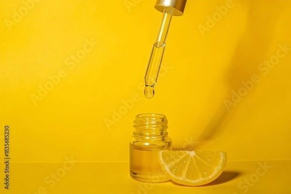 Fototapeta Dropper with oil and lemon slice. Glass dropper releasing clear oil or serum above small bottle beside a lemon slice on a bright yellow surface, clean skincare aesthetic with citrus freshness.