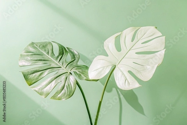Fototapeta Monstera leaves green and white. Green and white monstera leaves on mint background with soft shadows, botanical modern composition highlighting tropical foliage shapes and delicate light.