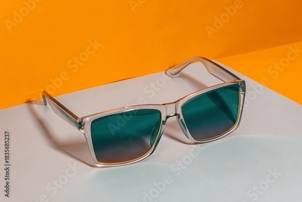 Fototapeta Blue-green mirrored sunglasses on soft pink and yellow background, reflective lenses, clean modern accessory shot with strong color contrast and minimal fashion styling.