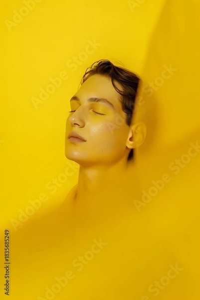 Fototapeta Portrait in yellow light. Person illuminated by strong yellow light, warm glow, artistic portrait emphasizing smooth skin, soft shadows, monochromatic warm-toned atmosphere.