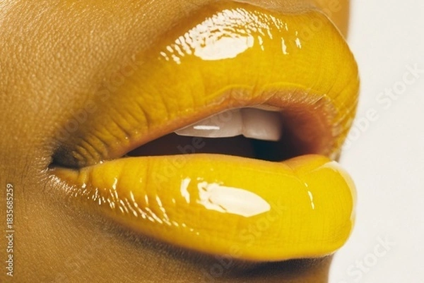 Fototapeta Vibrant glossy yellow lips on warm skin tone against rich ochre background, smooth texture, bold artistic beauty look emphasizing saturated color and shine.