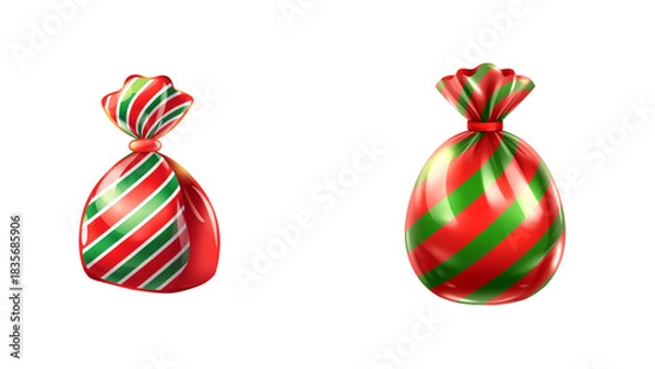Fototapeta Festive glossy Christmas candy bag with red and green stripes, shiny wrapping, and decorative premium style perfect for holiday creative projects isolated transparent background, editable vector 