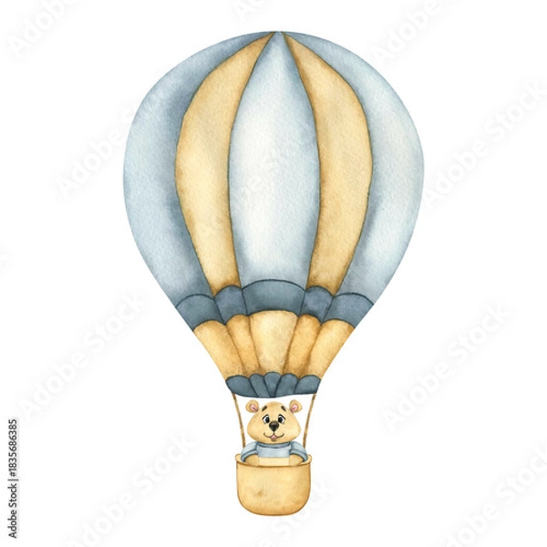 Fototapeta Kids Toy Teddy Bear on a Hot air Balloon. Watercolor kids illustration of a hot air Balloon in blue and beige colors and Cute Teddy Bear. Teddy Bear on a Hot air Balloon for kids goods, children room