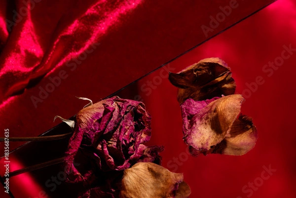 Obraz roses and mirror on red