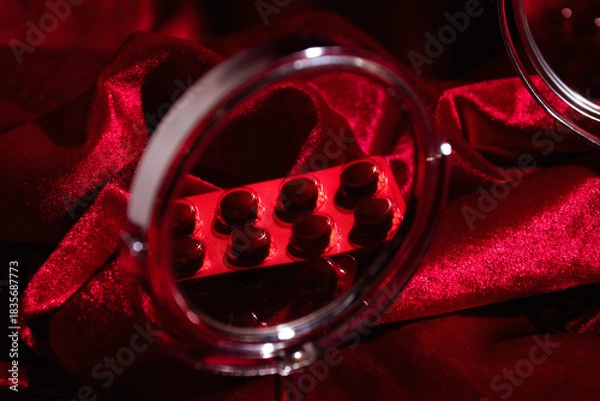 Obraz Red pill pack reflected on mirror