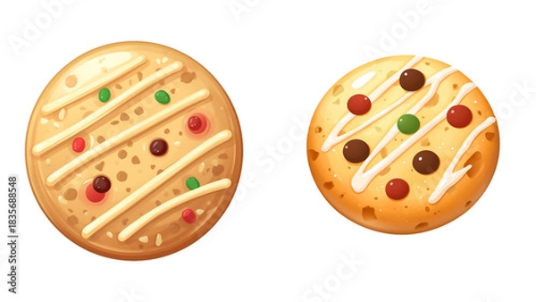 Fototapeta Golden Christmas cookie with red and green icing in glossy 3D decorative style for festive holiday designs and premium illustrations isolated transparent background, editable vector artwork 