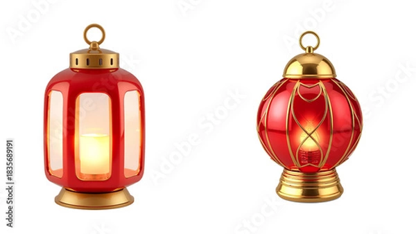 Fototapeta Red and gold Christmas lantern with soft glow, glossy 3D decorative style, smooth gradients, perfect for festive holiday creative projects isolated transparent background, editable vector artwork 