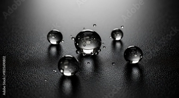 Obraz Crystal clear water droplets glistening on a dark textured surface, reflecting light.