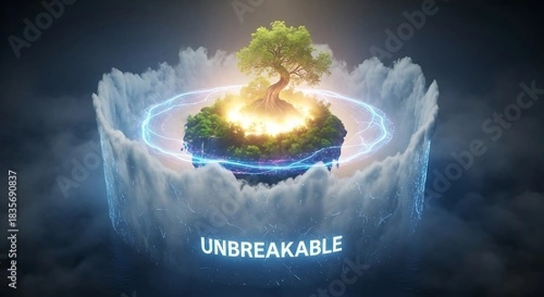 Obraz Majestic tree of life glows on a floating island protected by ethereal energy and swirling clouds.