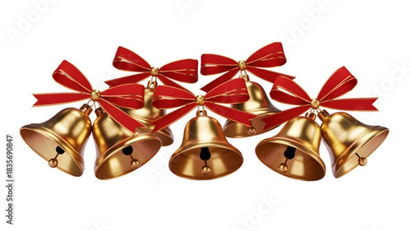Obraz Golden Christmas Bells with Red Ribbons – Premium Decorative Set