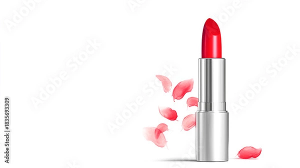 Fototapeta Vibrant Red Lipstick with Petal Accents. A vivid red lipstick with a sleek silver metallic casing stands prominently against a white background.