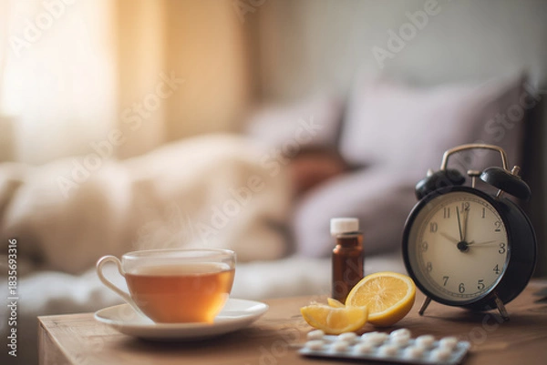 Fototapeta Morning recovery scene at home. Concept of flu recovery, morning routine, and self-care