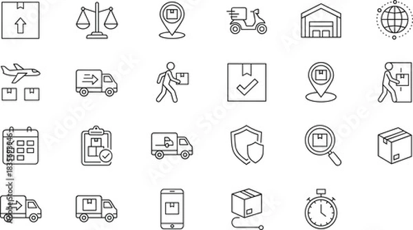 Fototapeta Logistics, Shipping, Delivery, and Transportation Vector Icons Set Showing Global Cargo, Warehouse Management, Courier Service, and Time-Sensitive Shipment.