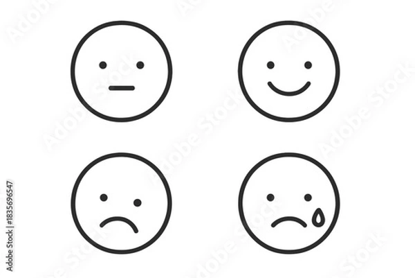 Fototapeta Expressive Line Faces. Line style icons of Quiet Faces: minimal mouth line, two dots as eyes, tiny curve of serenity, asymmetric