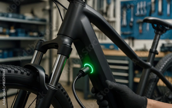 Fototapeta A mechanic in black gloves plugs a charging cable into an e-bike frame, with a green light glowing in a workshop highlighting modern technology.