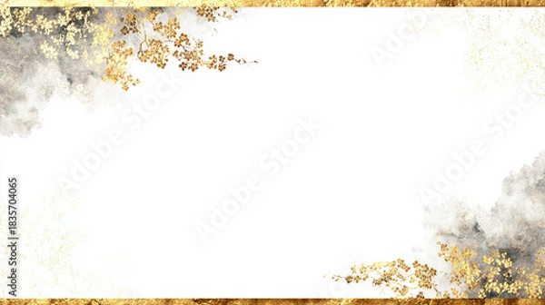 Fototapeta 白い背景に金と黒のインクで描かれた花の和風フレーム
