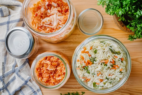 Fototapeta Fermented Vegetables in Glass Jars Overhead on Wooden Table