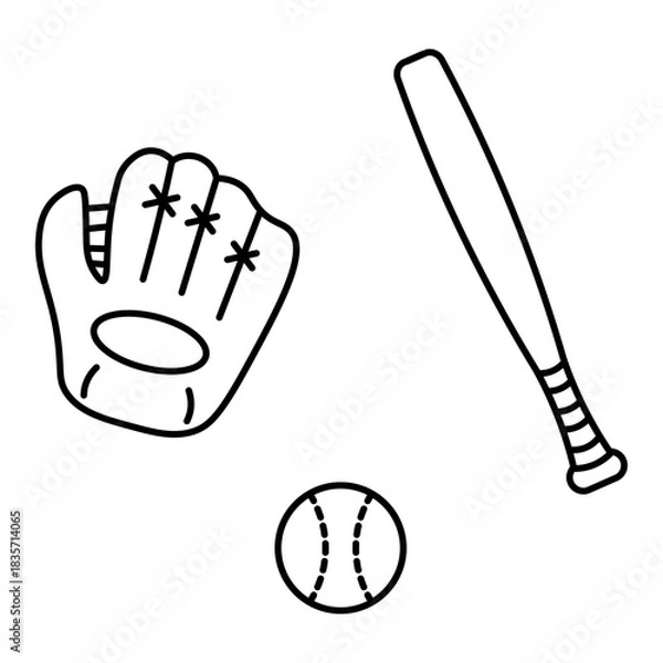 Obraz 野球のグローブとバットとボールの線画イラスト