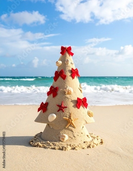 Obraz Ein fantasievoll geformter Weihnachtsbaum aus Sand steht auf einem sonnigen, tropischen Strand