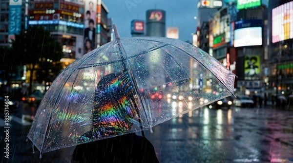 Fototapeta A moody cinematic photograph captures a person holding a transparent bubble umbrella covered in iridescent water droplets against a blurred cityscape at dusk. Vibrant neon lights from the urban