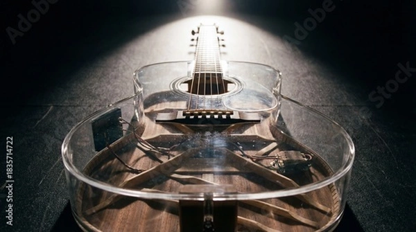 Fototapeta A dramatic, close-up shot of an acoustic guitar featuring a polished, transparent lucite body. The internal wooden bracing and visible wiring are clearly illuminated by a single intense spotlight,