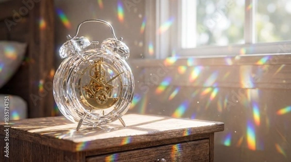 Fototapeta A dreamlike macro photograph of a vintage twin-bell alarm clock crafted from transparent, faceted crystal, revealing its intricate internal gold gears. It sits on a wooden bedside table, bathed in