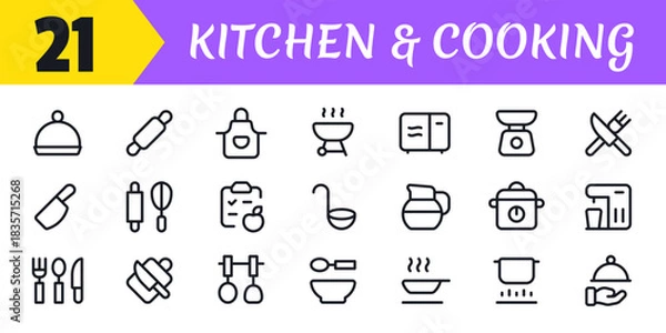 Obraz Restaurant Food icon set, sign and symbol,  Fork, spoon, knife, plate, chef hat, and cloche or tray icon Vector illustration.	
