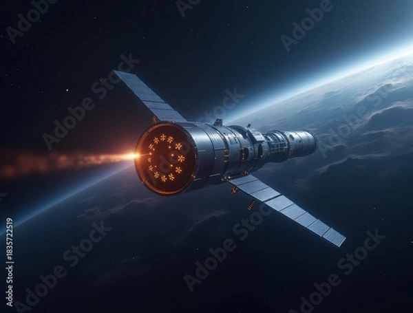 Fototapeta Spaceship traveling through space on its journey to Earth orbit