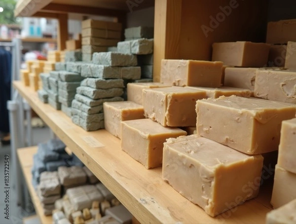 Fototapeta Artisan handmade soap blocks on wooden shelf