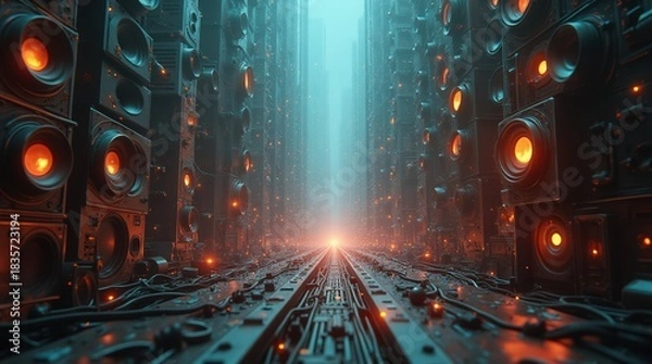 Fototapeta Surreal cityscape made of speaker stacks and cables pulsating with orange light