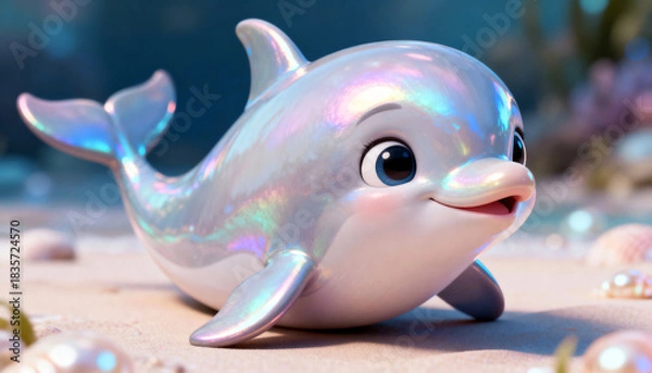 Fototapeta 3D Cartoon Illustration of a Cute Smiling Dolphin with Iridescent Pearlescent Skin Resting on a Sandy Beach. Adorable Marine Animal Character. Tropical Ocean Wildlife Artwork