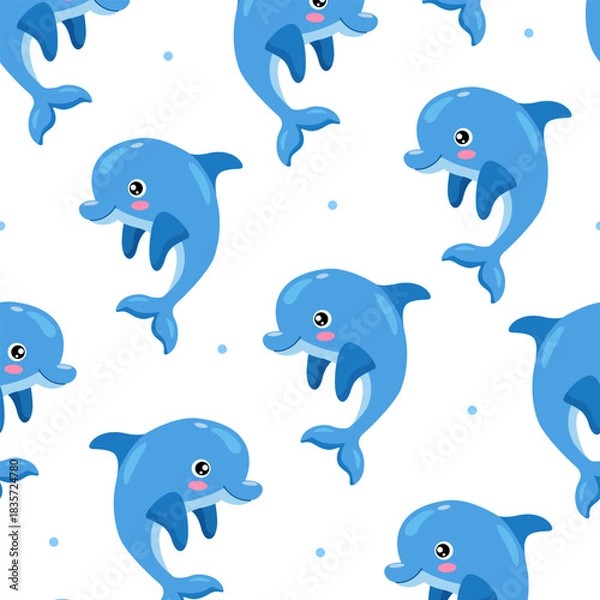 Fototapeta Vector seamless pattern of cheerful cartoon dolphins in playful poses on a white background with scattered light blue dots, perfect for children’s designs, kids’ textiles, wrapping paper, etc.
