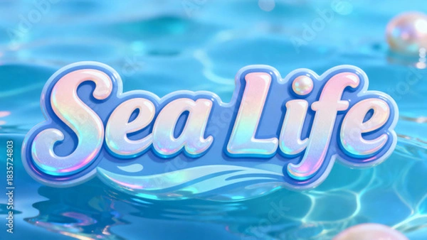 Fototapeta Sea Life 3D iridescent logo on a shimmering blue water surface with gentle waves and reflections, perfect for ocean-themed branding, aquatic company identity, marine business designs, beach projects