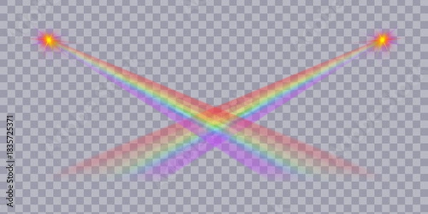 Fototapeta Bright rainbow rays of light with a bright flash of light on a transparent background. Vector illustration.