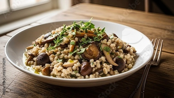 Fototapeta Hearty pearl barley and mushroom dish garnished with fresh thyme and olive oil