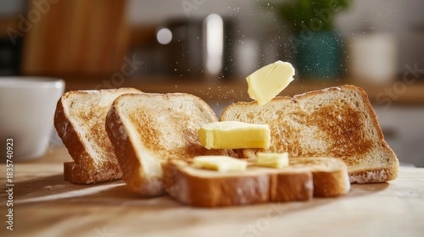 Fototapeta Slices of butter falling onto toast, soft kitchen atmosphere with blurred space for text, warm breakfast mood for food photography and culinary design