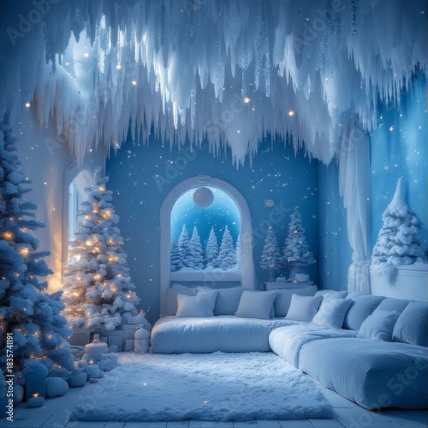 Fototapeta Enchanting winter wonderland living room transformed into a cozy ice palace, adorned with sparkling Christmas trees and soft glow