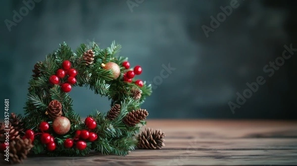 Fototapeta Traditional Home Holiday Decorations with Rustic Pinecone Table Centerpiece and Festive Accents, Copy space