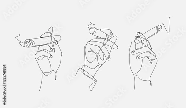 Fototapeta One line vector drawing of multiple hands with cigars. Editable illustration.