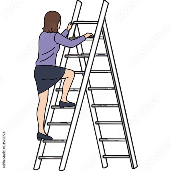 Fototapeta Full Body Shot of a Woman in Lavender Blouse and Dark Skirt Ascending a Tall A Frame Ladder Against a Black Background with Clean Lines and Simple Design Representing Progress and Ambition