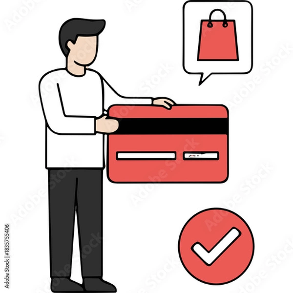 Fototapeta Man Holding Large Red Credit Card with Shopping Bag Icon and Check Mark Indicating Purchase Confirmation on Black Background