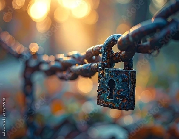 Obraz Rusty Lock on Chain with Bokeh Background.