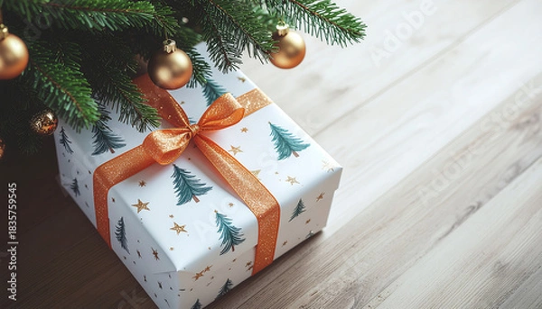Fototapeta A wrapped gift box with an orange ribbon and Christmas tree branches on a wooden floor, conveying a merry Christmas mood with warm tones.