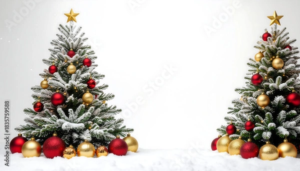 Fototapeta Two small Christmas trees decorated with red and gold ornaments on a white background with a shallow focus, conveying a festive and merry Christmas mood.