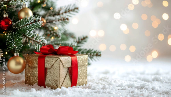 Fototapeta A wrapped gift box with a red ribbon sits under a Christmas tree with ornaments on a snowy floor with a bokeh background conveying a merry Christmas mood.
