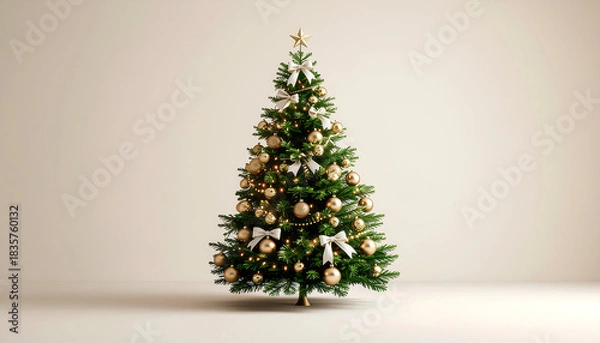 Fototapeta A decorated Christmas tree stands alone on a plain beige background with gold ornaments and a star on top, conveying a merry Christmas mood with warm tones.
