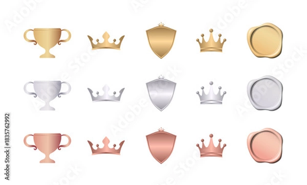 Obraz ゴールドとシルバーとブロンズ（ピンクゴールド）の3色で展開された、トロフィー・王冠・盾・シーリングワックスの高級感あるアイコンセット、ランキングやゲームUIに最適なベクターイラスト