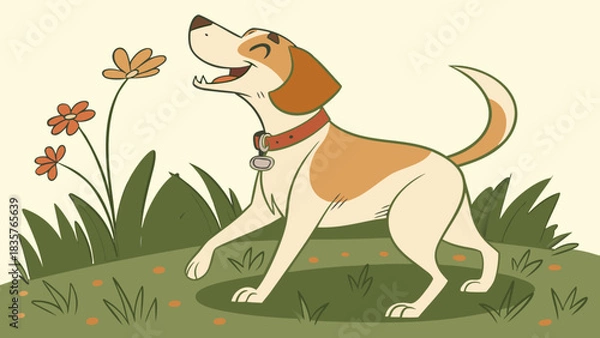 Fototapeta Dog Enjoys Walking in the Garden With Flowers Around Him