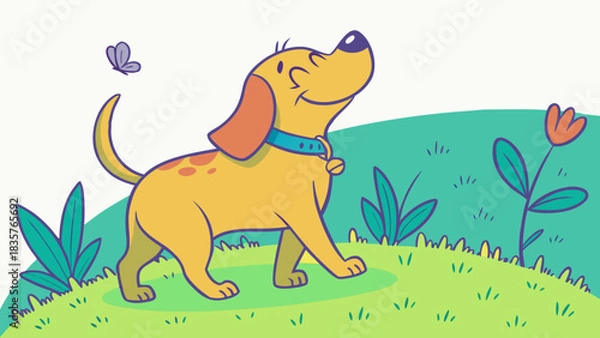 Fototapeta Happy Dog Walking in a Field With a Butterfly Nearby