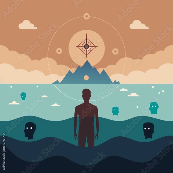 Fototapeta Figure Standing in Water With Faces and Mountain in Background